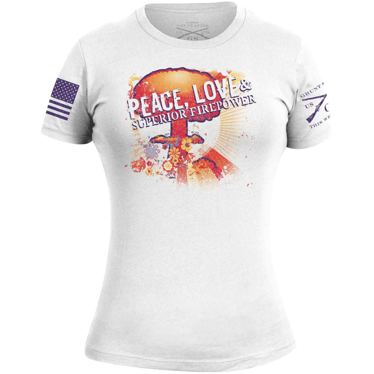 Grunt Style Women's Peace, Love & Superior Firepower T-Shirt - White Grunt Style