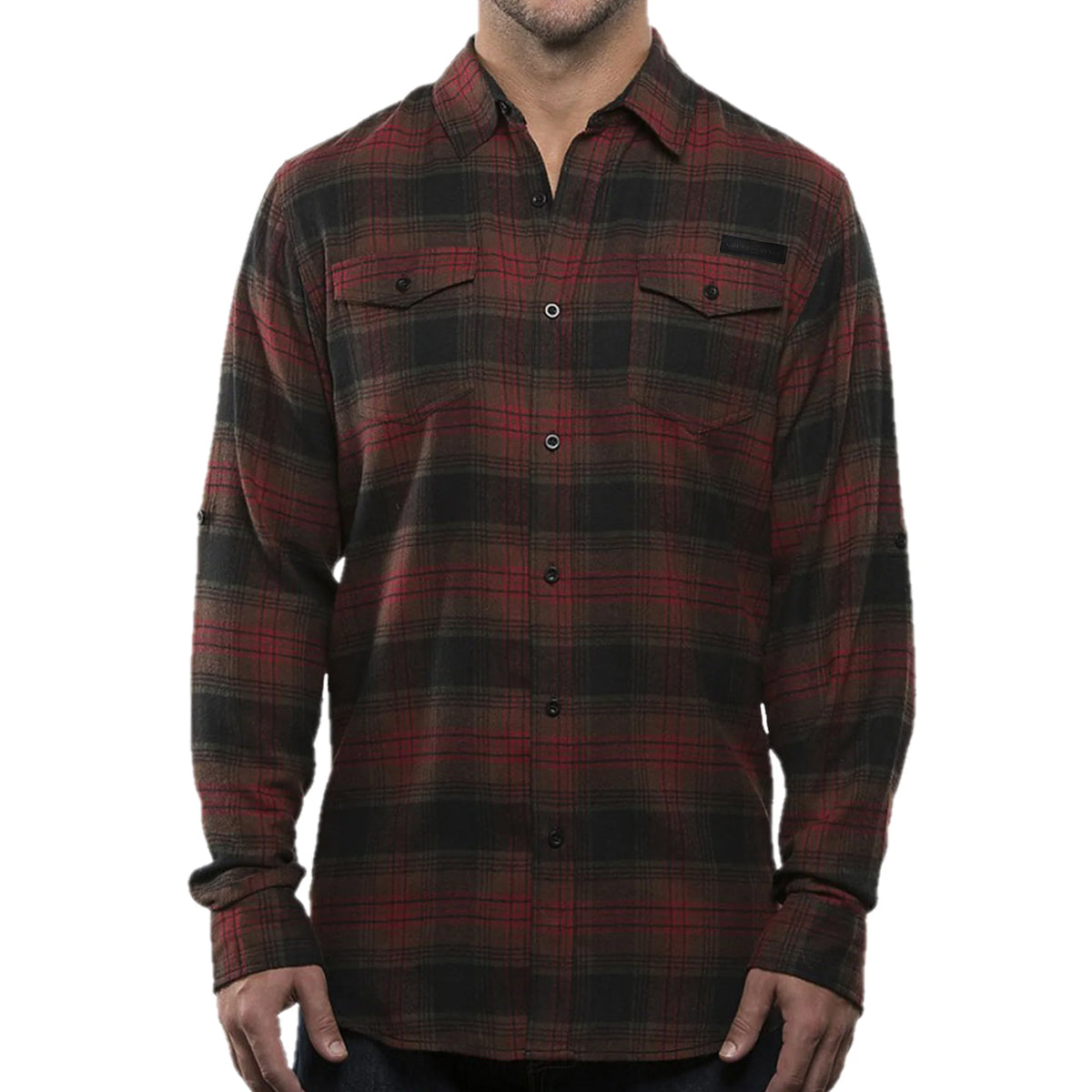 Grunt Style Plaid Flannel Long Sleeve Shirt - Crimson