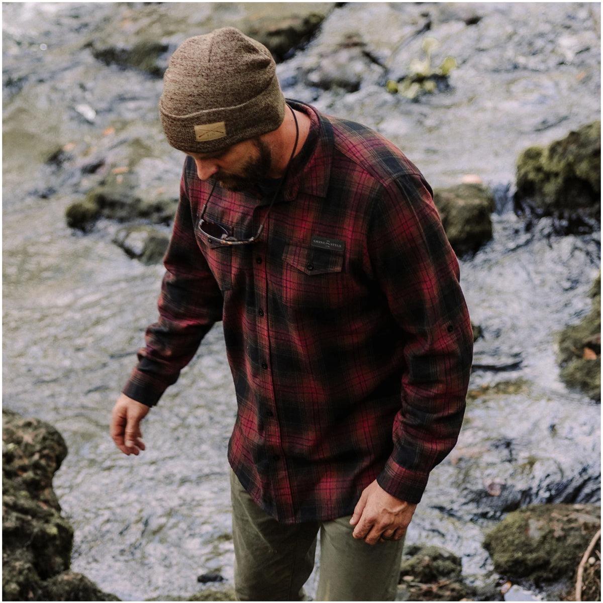 Grunt Style Plaid Flannel Long Sleeve Shirt - Crimson Grunt Style