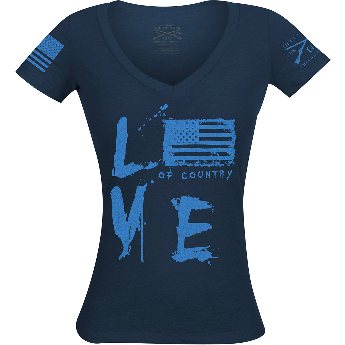Grunt Style Women's Love Of Country Revisited V-Neck T-Shirt - Midnight Navy Grunt Style