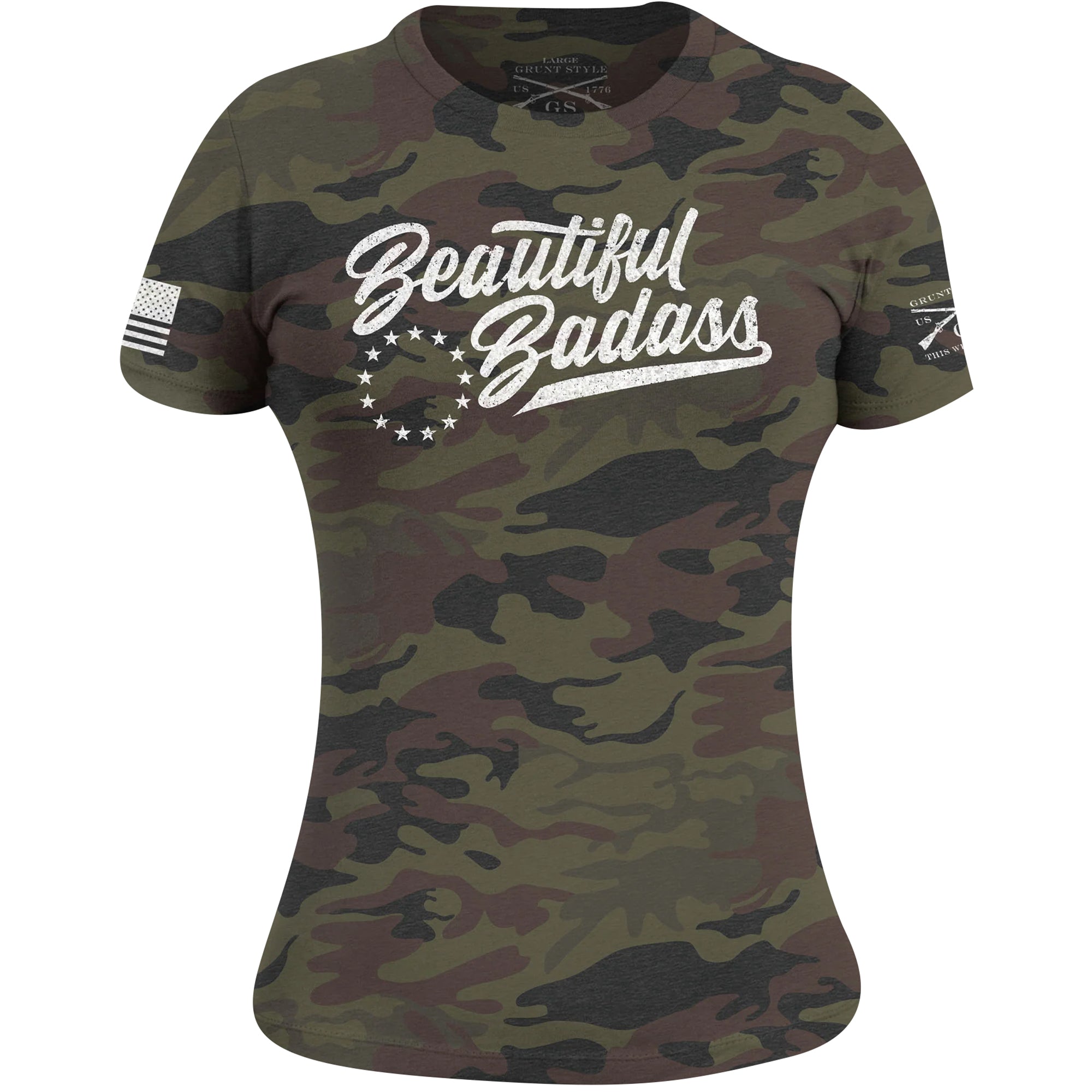 Grunt Style Women's Beautiful Badass T-Shirt - Woodland Camo Grunt Style