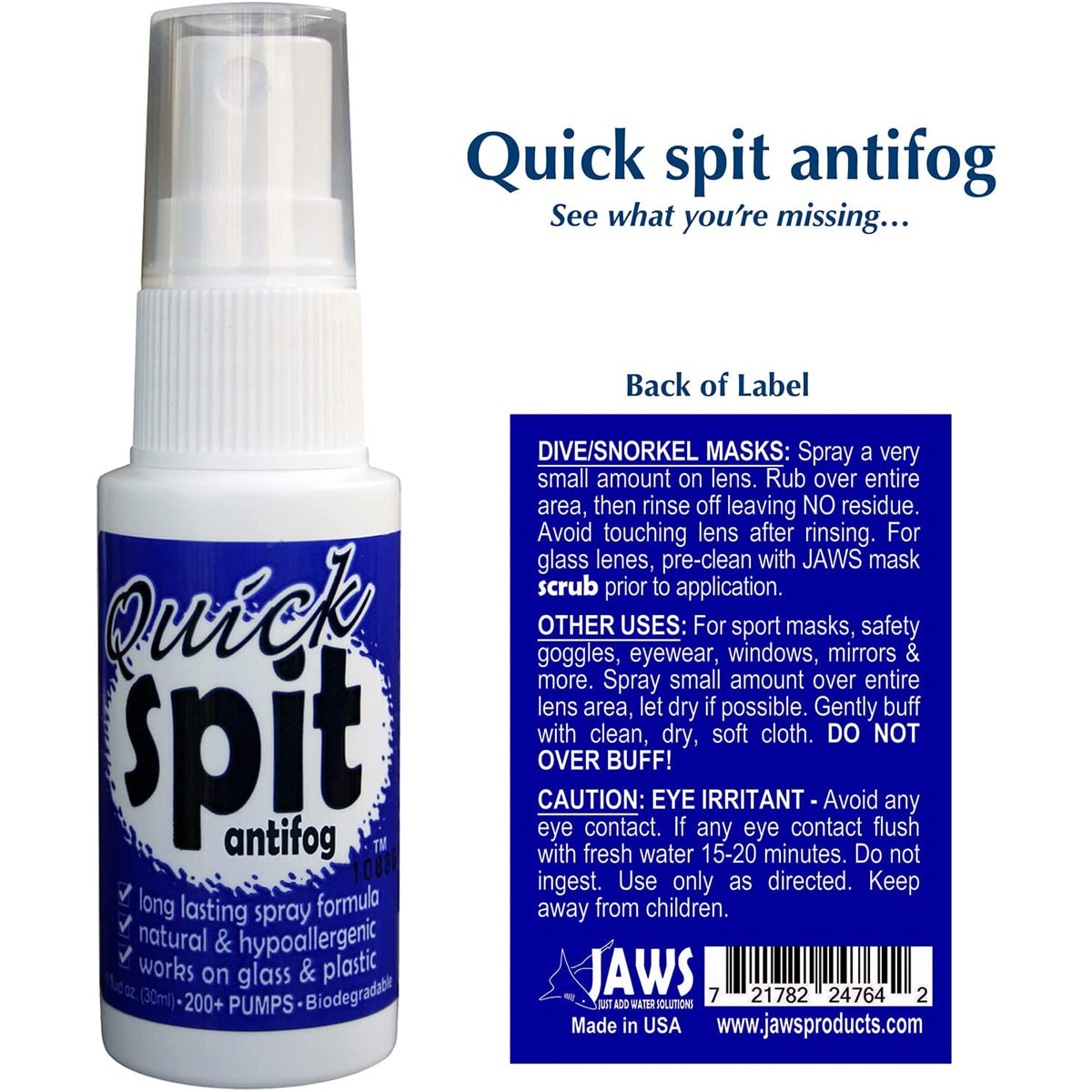 JAWS Quick Spit 1 oz. Anti-Fog Spray Formula Just Add Water