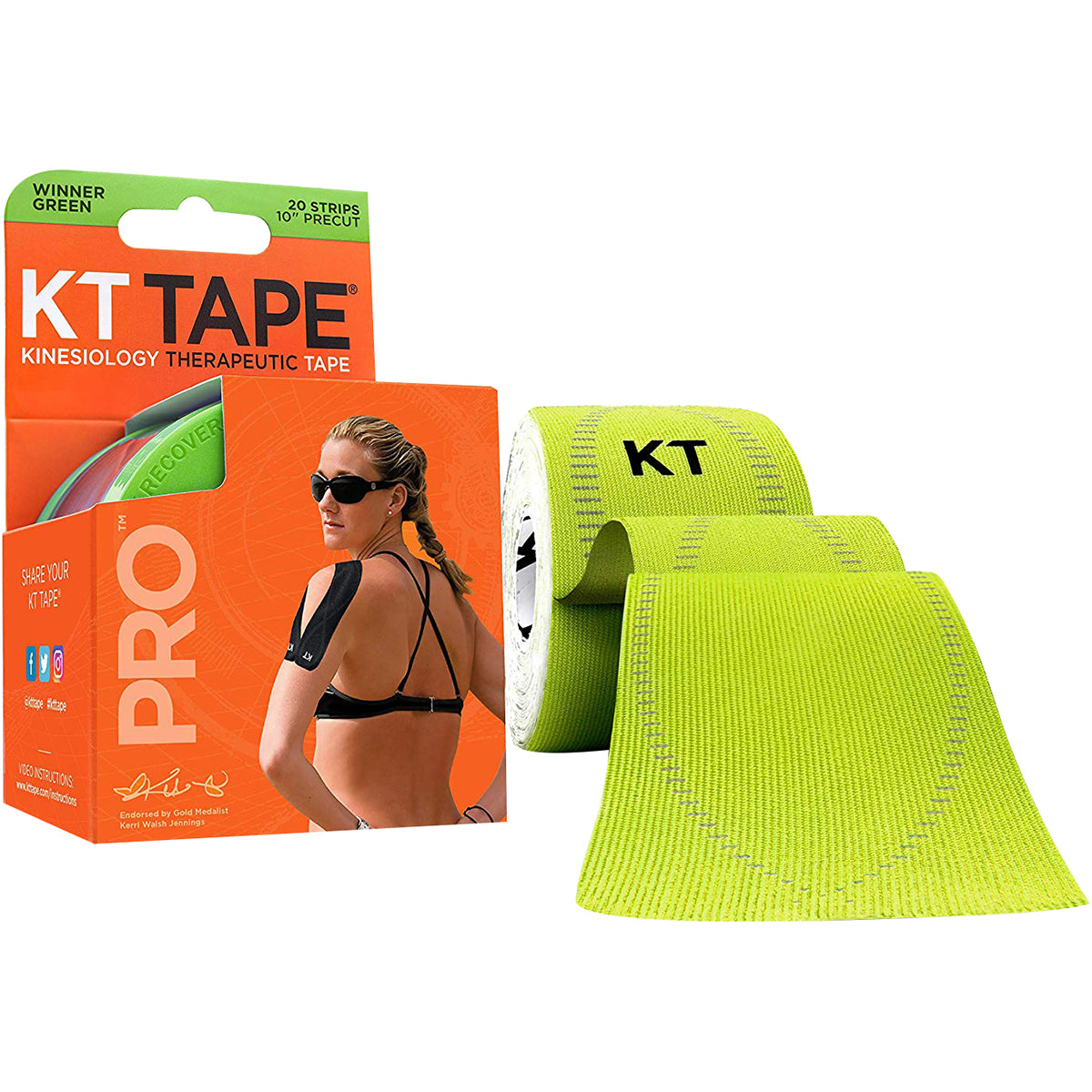 KT Tape Pro 10" Precut Kinesiology Elastic Sports Roll - 20 Strips - Green KT Tape