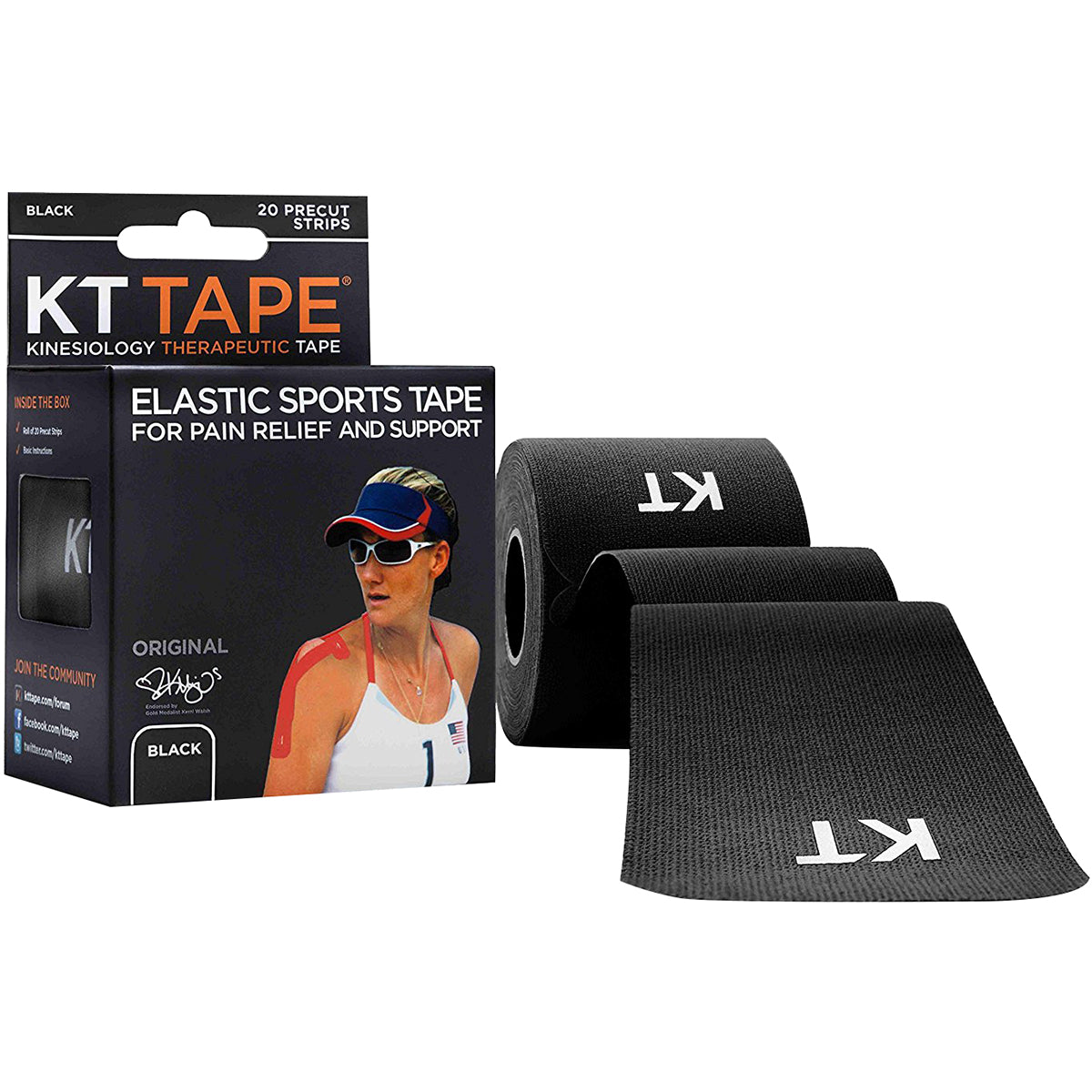KT Tape Cotton 10" Precut Kinesiology Therapeutic Sports Roll, 20 Strips, Black KT Tape