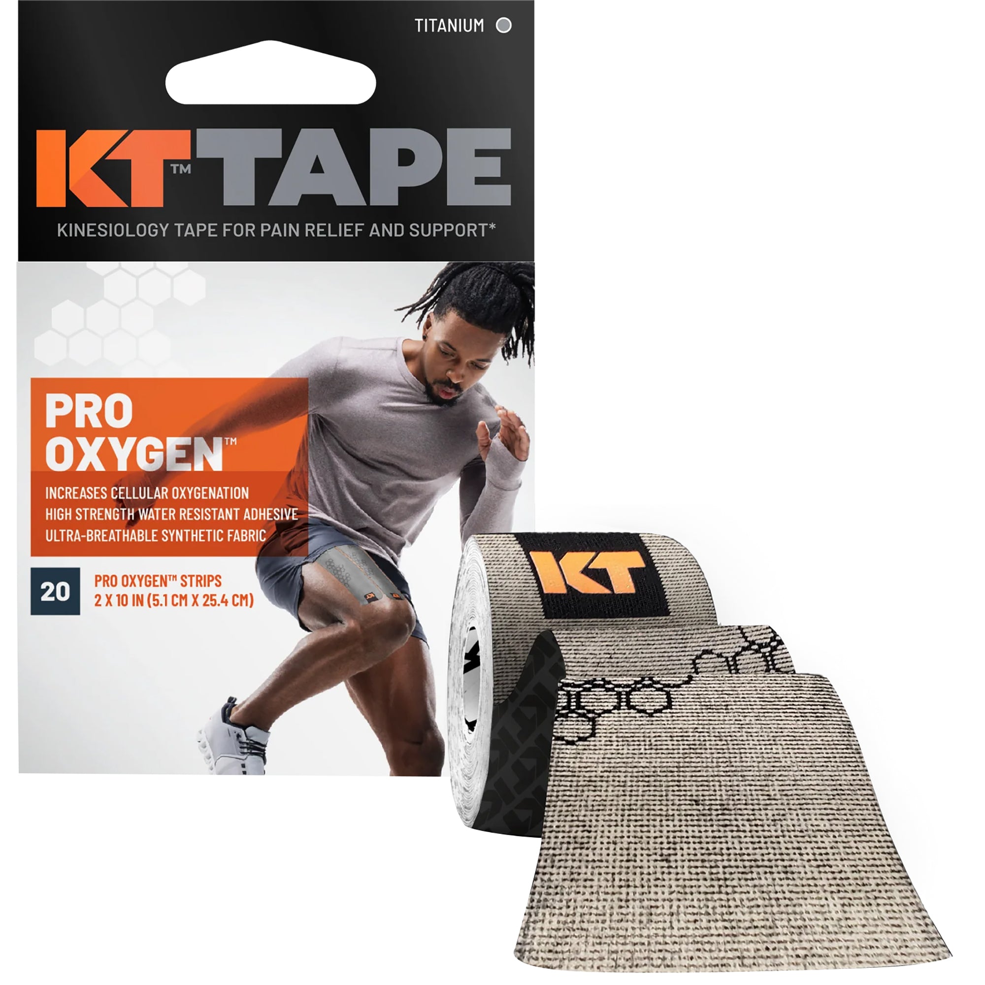KT Tape Pro Oxygen 10" Precut Kinesiology Sports Roll - 20 Strips - Titanium KT Tape