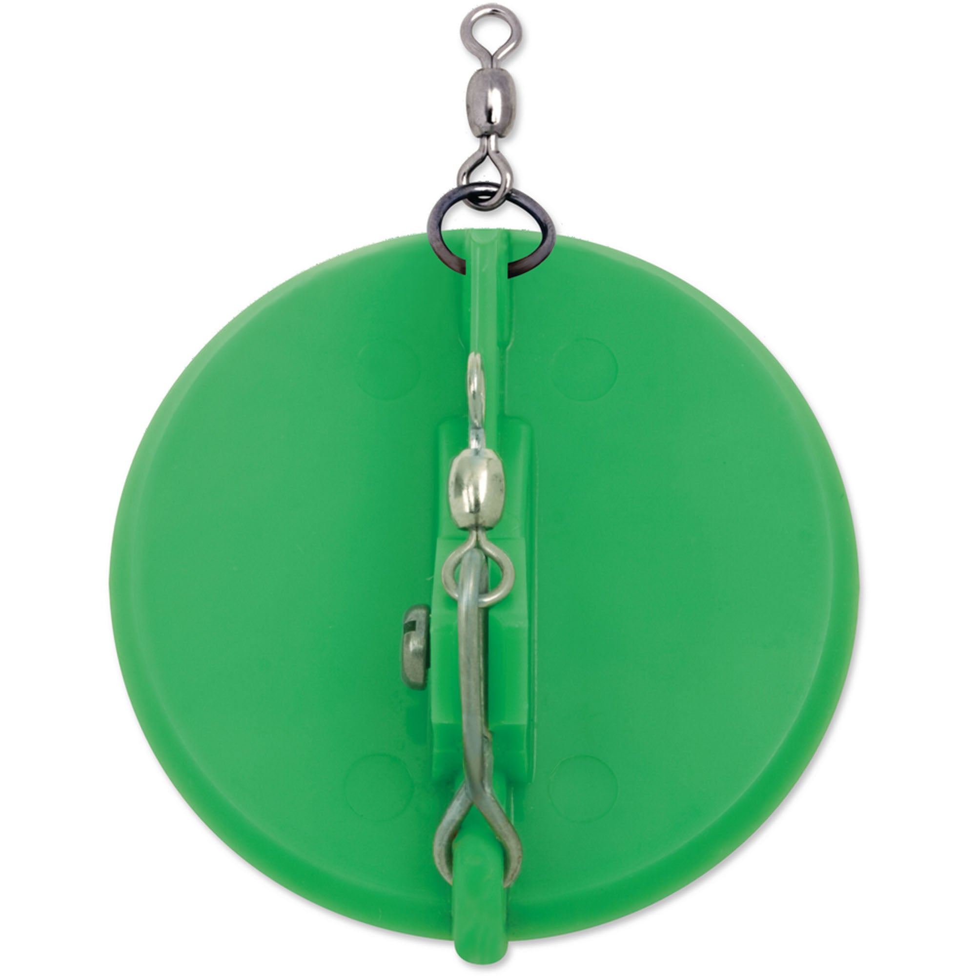 Green fishing reel with a metal hook on a white background