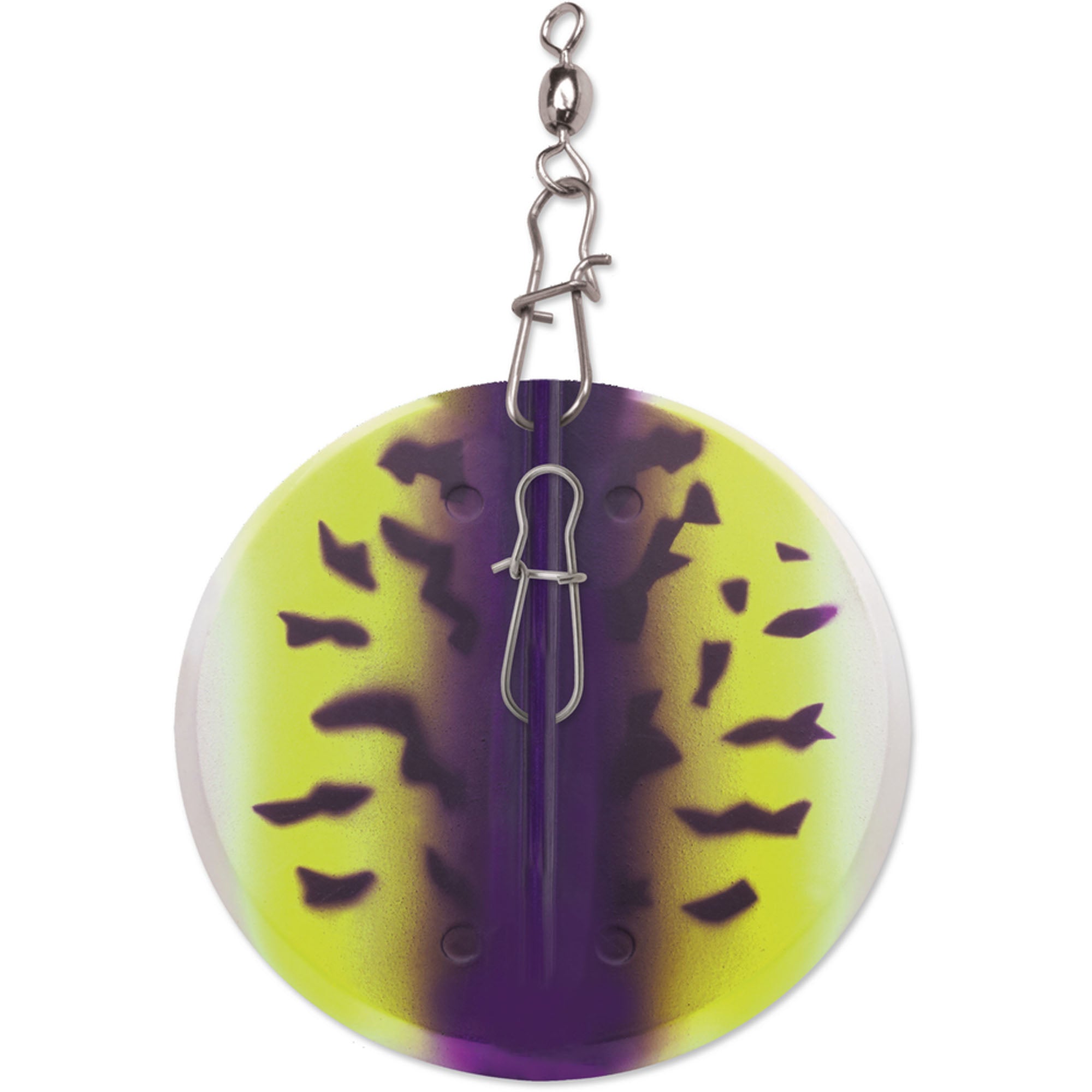 Fishing lure with purple and yellow gradient on a white background