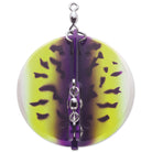 Yellow and purple fishing lure with a hook on a white background