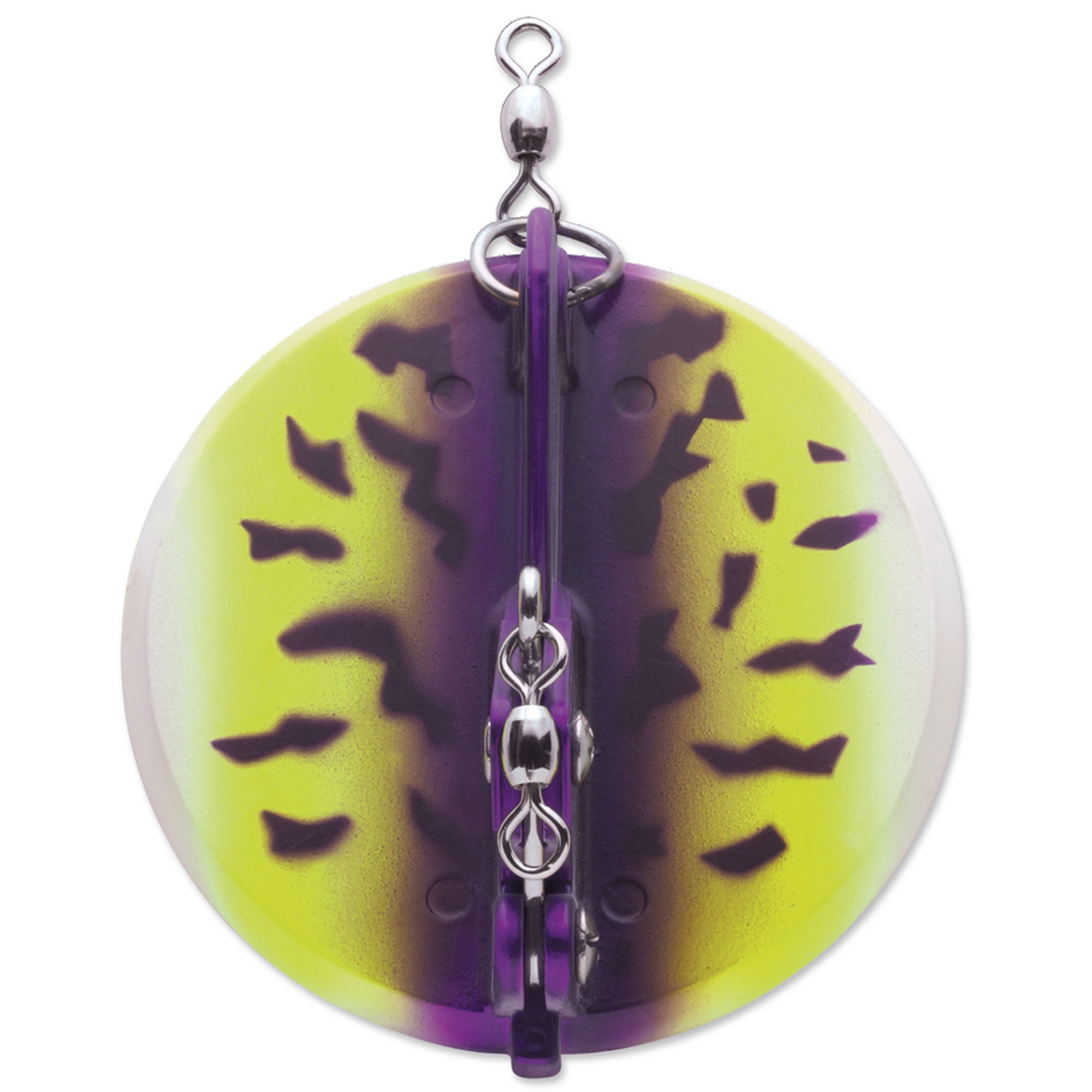 Yellow and purple fishing lure with a hook on a white background