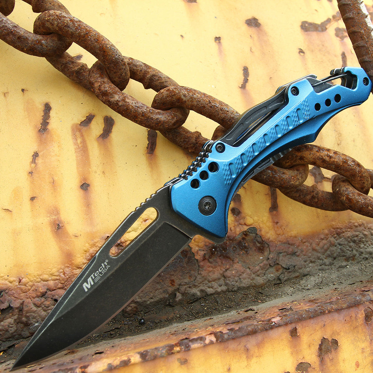 MTech USA Linerlock Spring Assisted Folding Knife, 3.5" Blue Blade, MT-A705G2-BL M-Tech