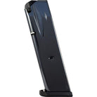 A black polymer 10 round magazine with a metallic silver-finished frame, shown standing vertically against a plain white background.
