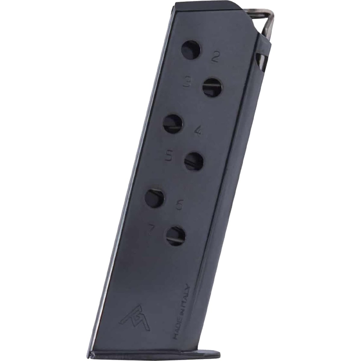 Black gun magazine with visible brand logo on a white background