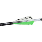 Archery bow with green and black fletching on a white background