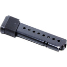 A black metal rifle 10 round magazine with a textured rear catch and multiple weight-reducing holes along the side, shown on a plain white background.