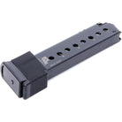 A black metal 10 round magazine with a textured latch and precision slot markings, shown on a plain white background.