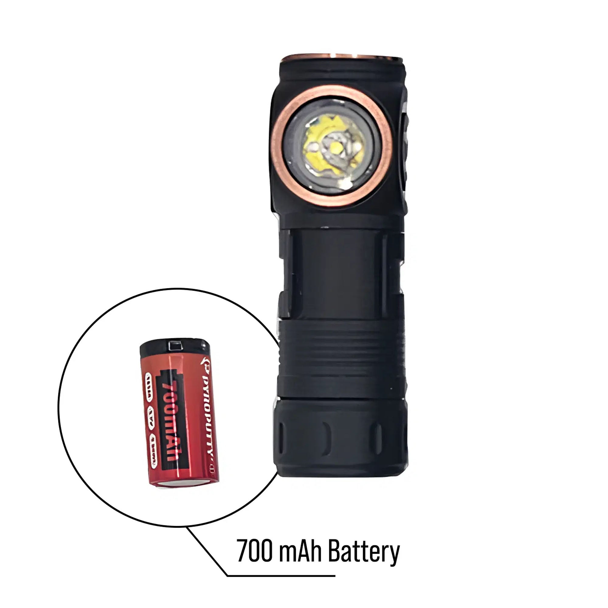 Black flashlight with 700 mAh battery on a white background