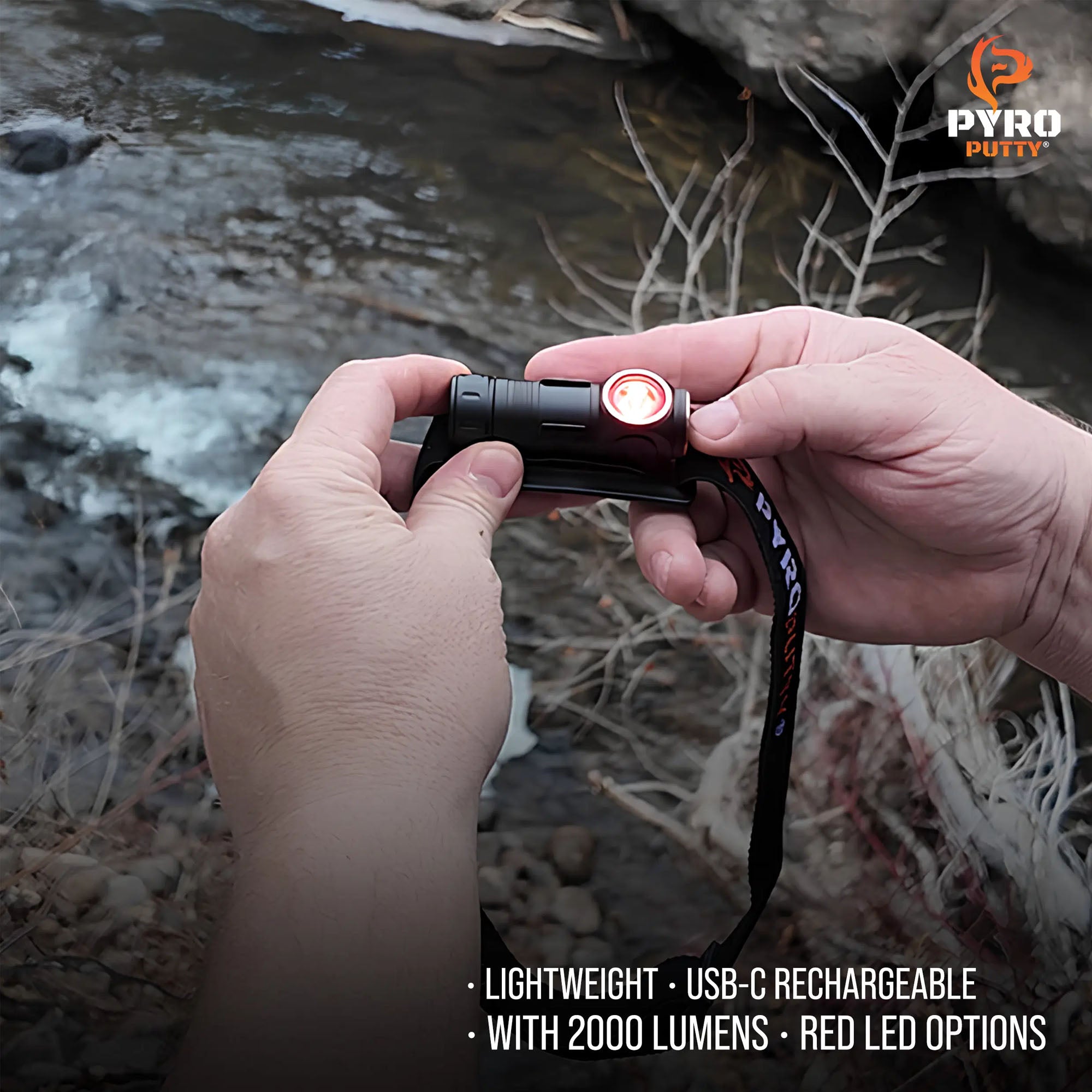 Person holding a flashlight with a natural background and PYRO PUTTY branding.