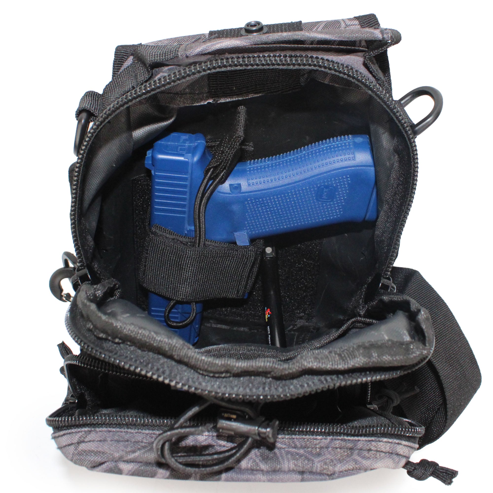 Black tactical pouch with a blue gun inside on a white background