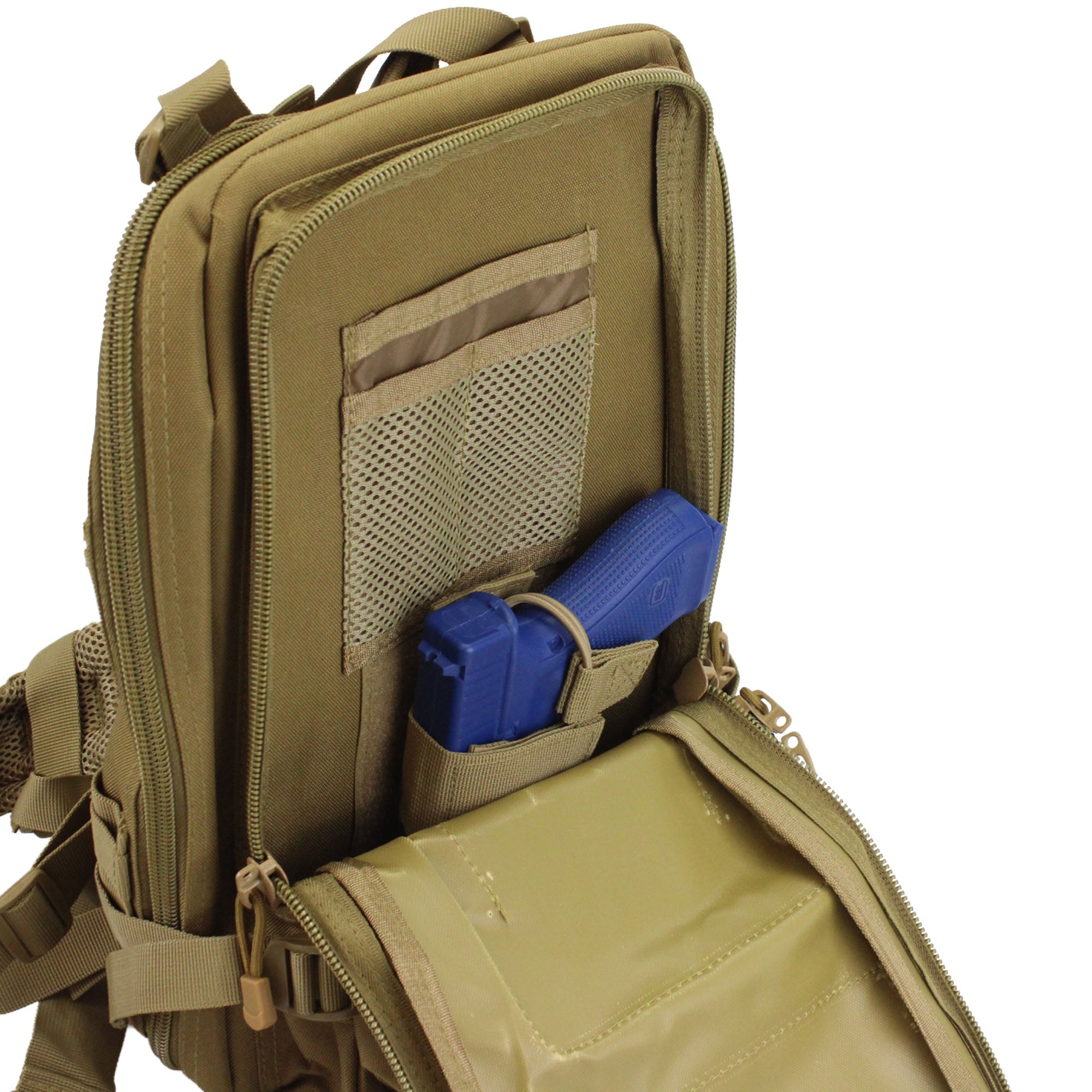 Tactical backpack with a blue gun in a pocket on a white background