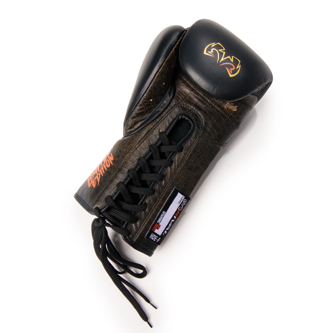राइवल बॉक्सिंग RFX - गुरेरो HDEF लेस-अप स्पैरिंग ग्लव्स, क्रोकोडाइल/ब्लैक - फोर्ज़ा स्पोर्ट्स