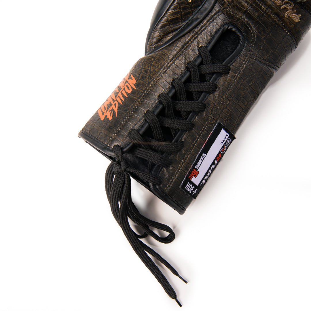 राइवल बॉक्सिंग RFX - गुरेरो HDEF लेस-अप स्पैरिंग ग्लव्स, क्रोकोडाइल/ब्लैक - फोर्ज़ा स्पोर्ट्स