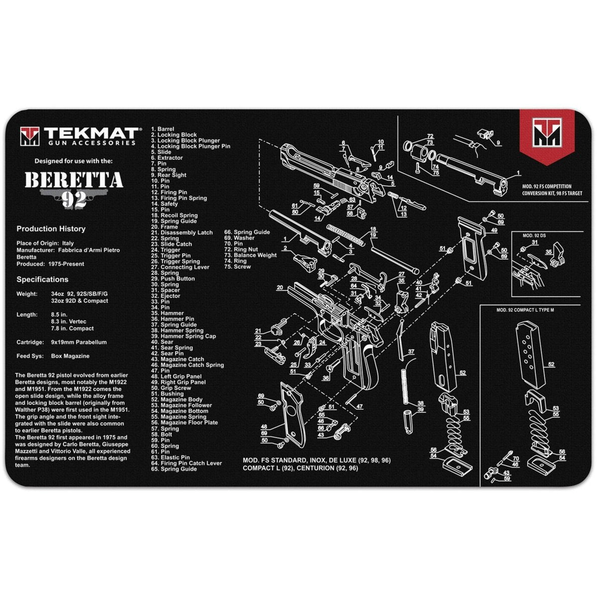 TekMat Original Gun Cleaning Mat - 17" X 11" - Beretta 92 - Forza Sports