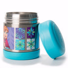 Stainless steel food jar with blue lid featuring a character and colorful square designs on a white background