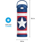 Captain America-themed water bottle with star design, measurements, and cold retention feature on a white background.