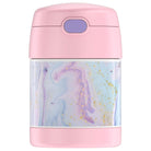 Pink thermos with a marbled design on a white background