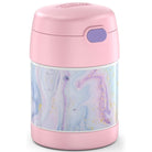 Pink thermos with a marble pattern on a white background