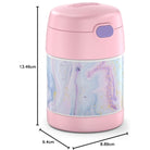 Pink and marbled design thermos with measurements on a white background