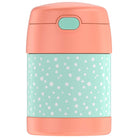 Thermos with pink top and bottom, and light blue middle with white polka dots on a white background