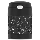 Black thermos with white speckled pattern on a white background