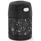 Black thermos with white speckled pattern on a white background