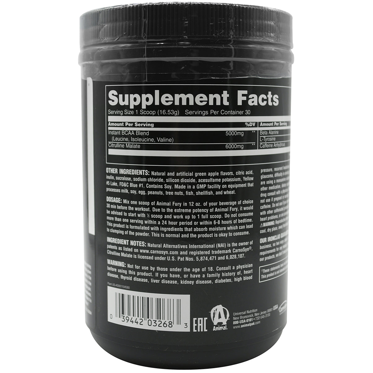 Universal Nutrition Animal Fury Dietary Supplement - Blue Raspberry- 30 Servings Universal Nutrition