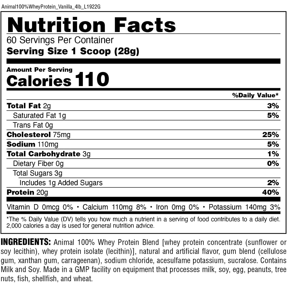 यूनिवर्सल न्यूट्रिशन एनिमल 100% व्हे प्रोटीन पाउडर - 60 सर्विंग्स - सर्विंग साइज, कैलोरी और पोषण संबंधी जानकारी के साथ।