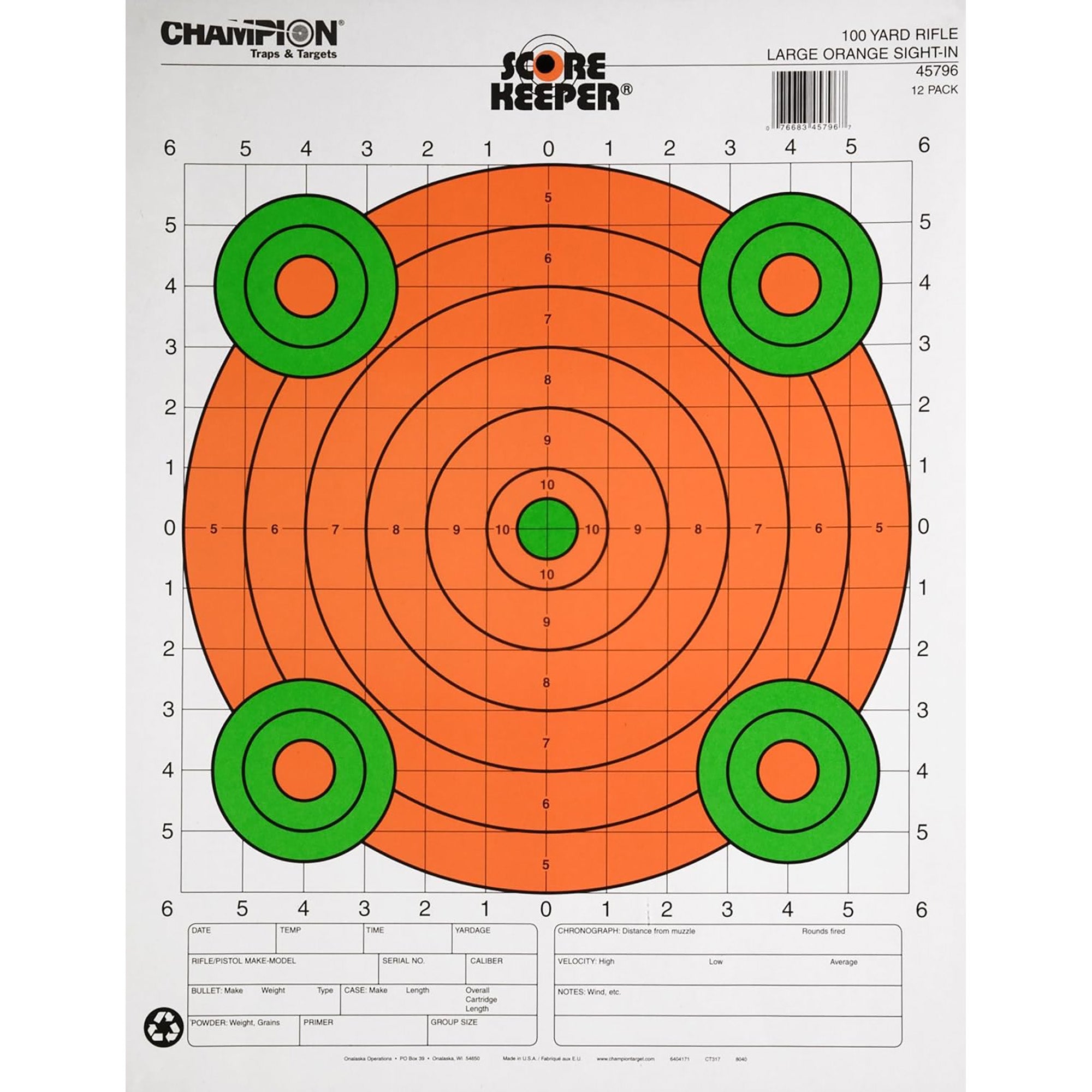 Champion Score Keeper Bull Targets 12-Pack, 100 Yd Rifle Sight-In- Orange/Green Champion