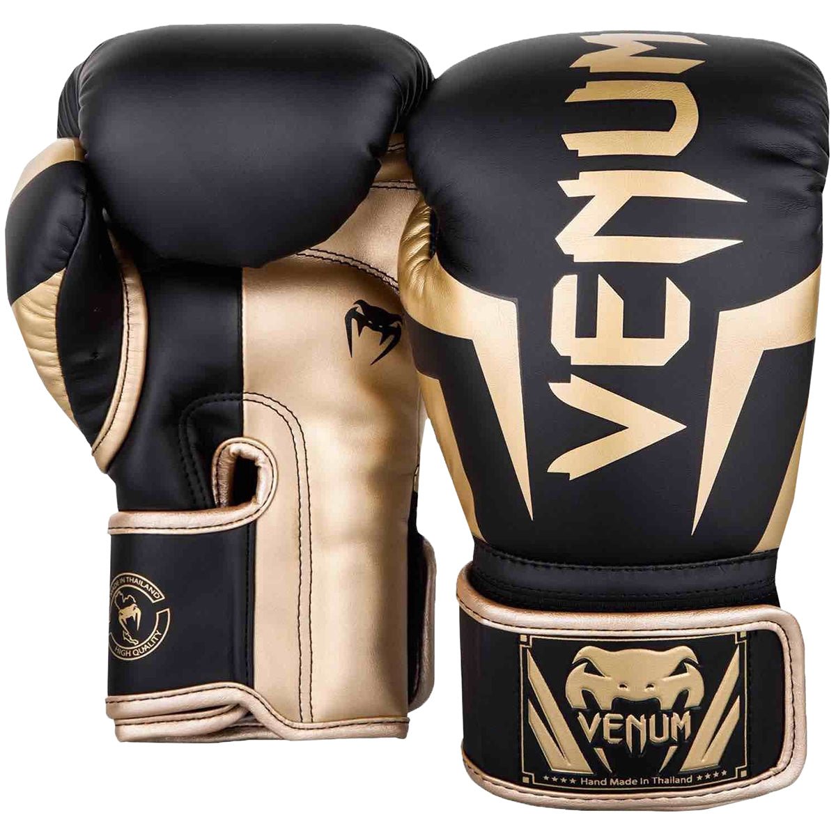 Venum Elite Skintex Leather Hook and Loop Training Boxing Gloves - Black/Gold - Forza Sports
