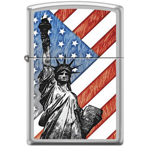 Zippo Statue of Liberty with Flag Satin Chrome Pocket Lighter Zippo